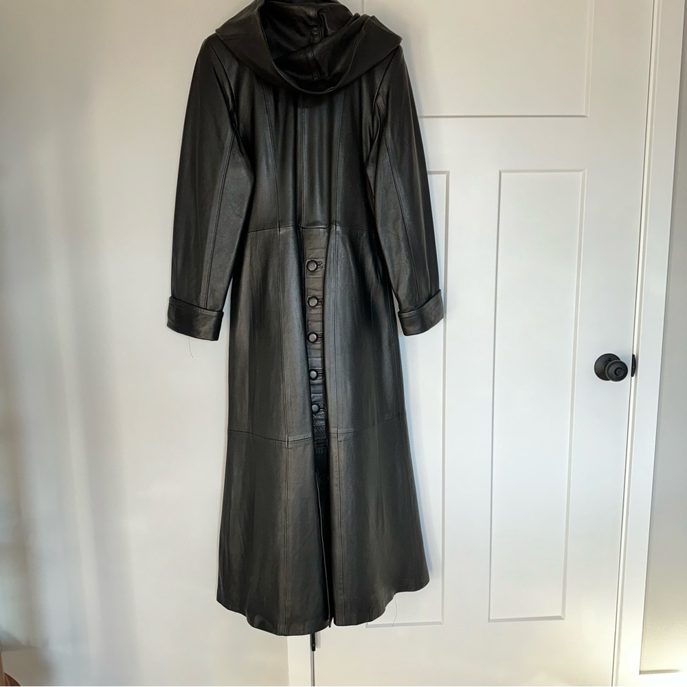 Besikler European Belted Full Length Leather Trench Coat Black size S - Picture 8 of 12